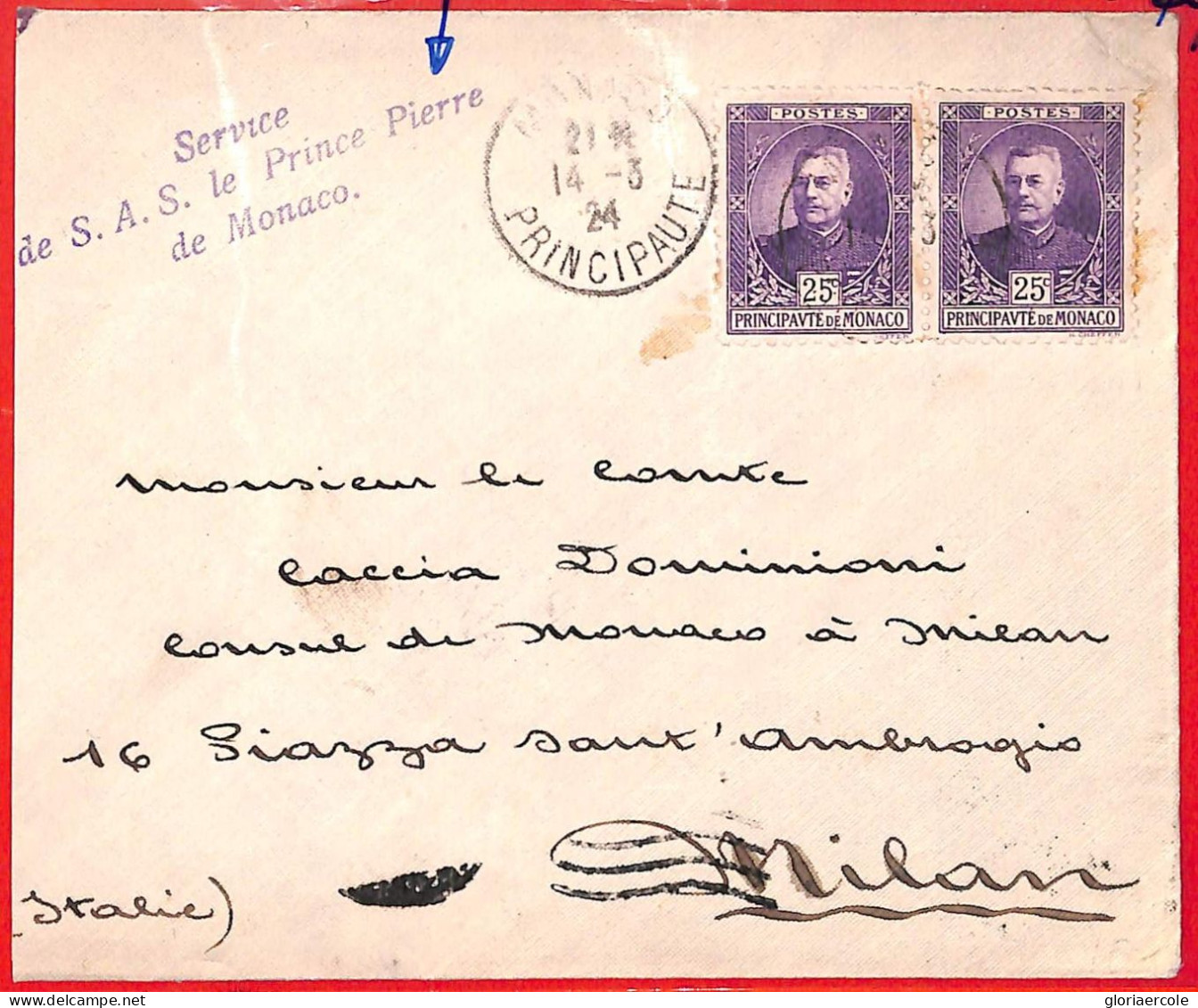 Aa1006 - MONACO - Postal History - Royal & Diplomatic Mail COVER To ITALY 1924 - Lettres & Documents