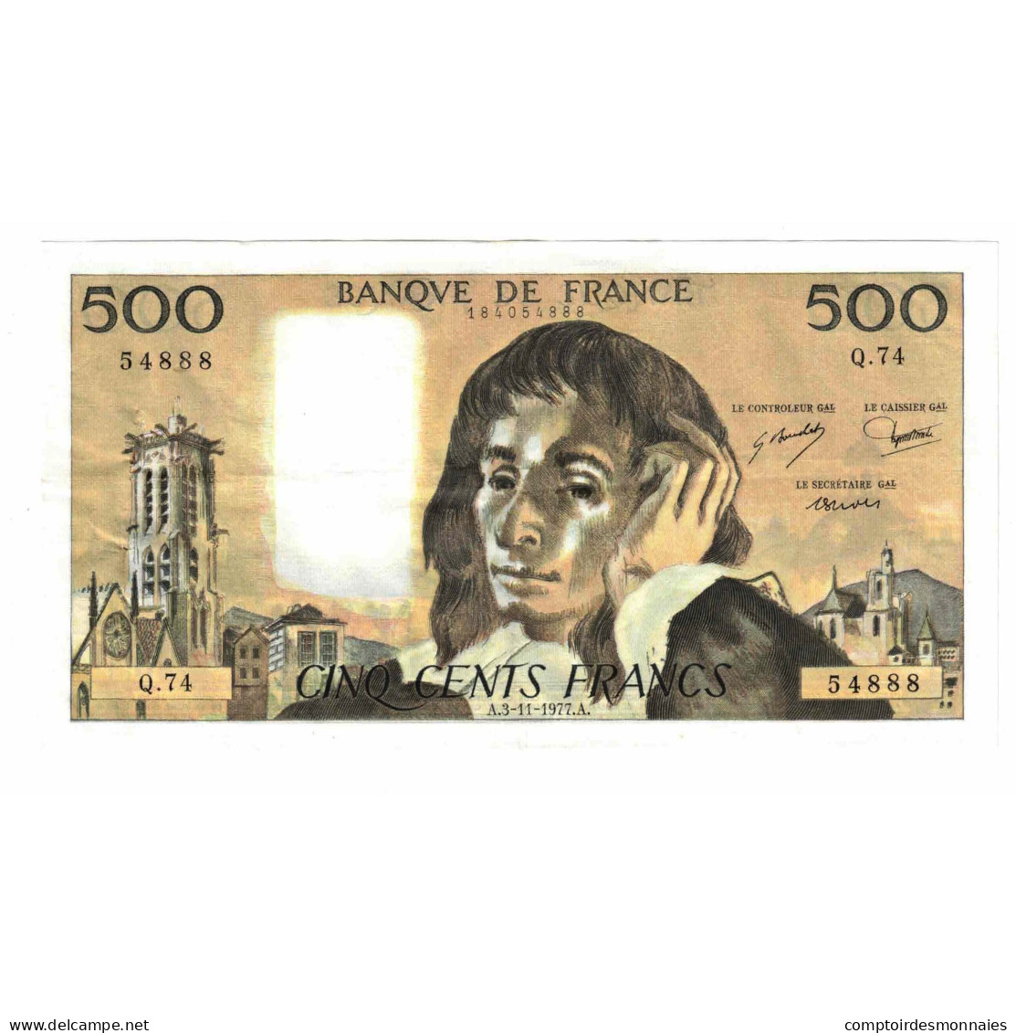 France, 500 Francs, Pascal, 1977, Q.74, TTB, Fayette:71.17, KM:156d - 500 F 1968-1993 ''Pascal''