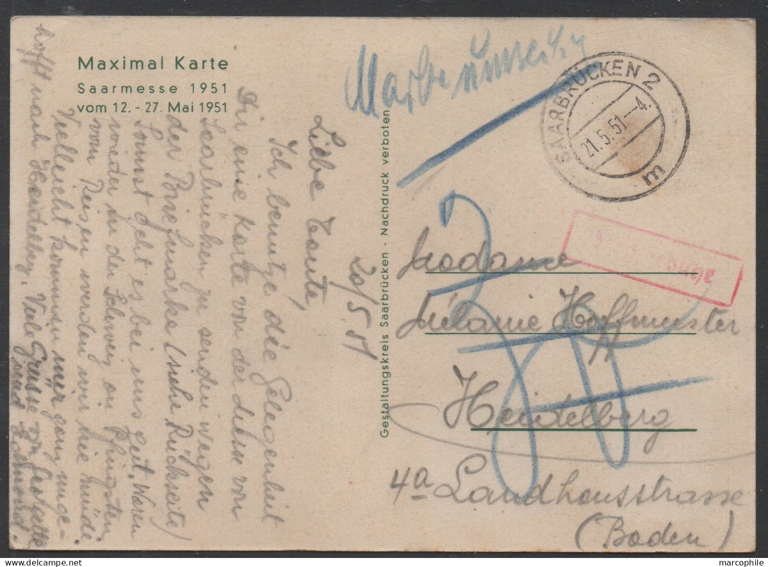 SARRE - SAAR / 1951 CARTE MAXIMUM "SAARMESSE 1951" -  VOYAGEE - TAXEE/DETAXEE  (ref 3609) - Cartes-maximum