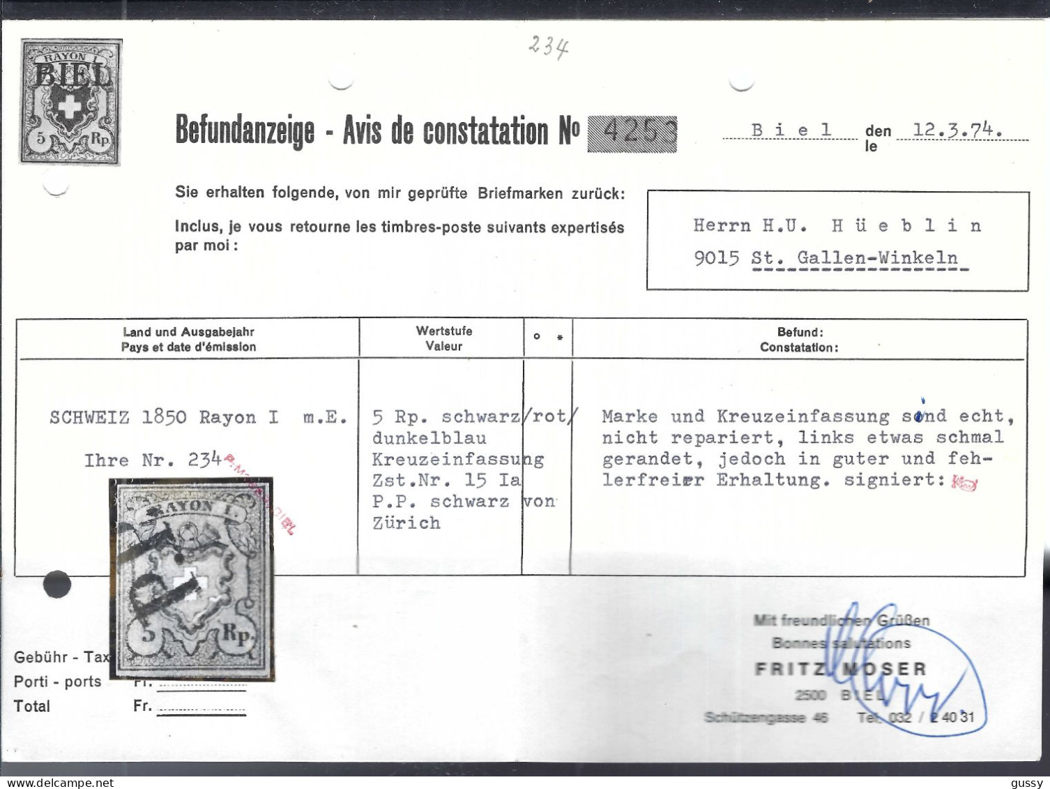 SUISSE Ca.1850: Le "5 Rp. Bleu Foncé Rayon I +encadrée" ZNr. 15Ia, Obl. "PP De Zürich", Très Forte Cote, Attest. "Moser" - 1843-1852 Federal & Cantonal Stamps