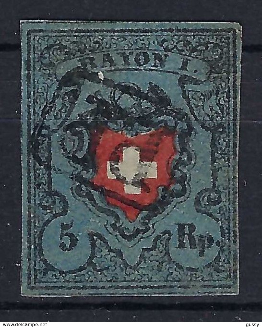 SUISSE Ca.1850: Le "5 Rp. Bleu Foncé Rayon I " ZNr. 15II, Obl. "PP", Très Forte Cote, Attest. "Moser" - 1843-1852 Kantonalmarken Und Bundesmarken