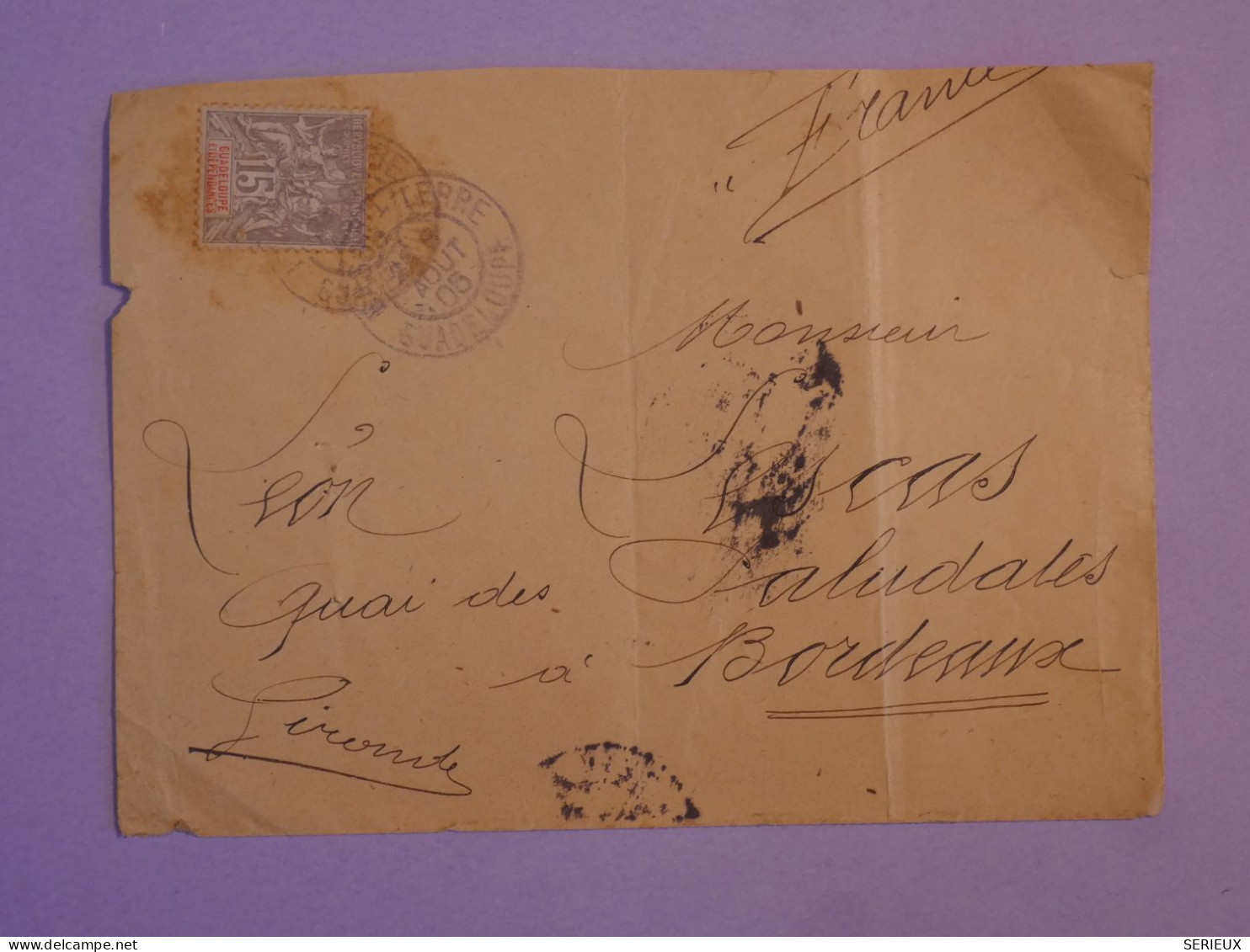 BW4  GUADELOUPE   BELLE  LETTRE RR  1907 BASSE TERRE A BORDEAUX FRANCE +CACHETS + AFF. INTERESSANT++  ++ - Lettres & Documents