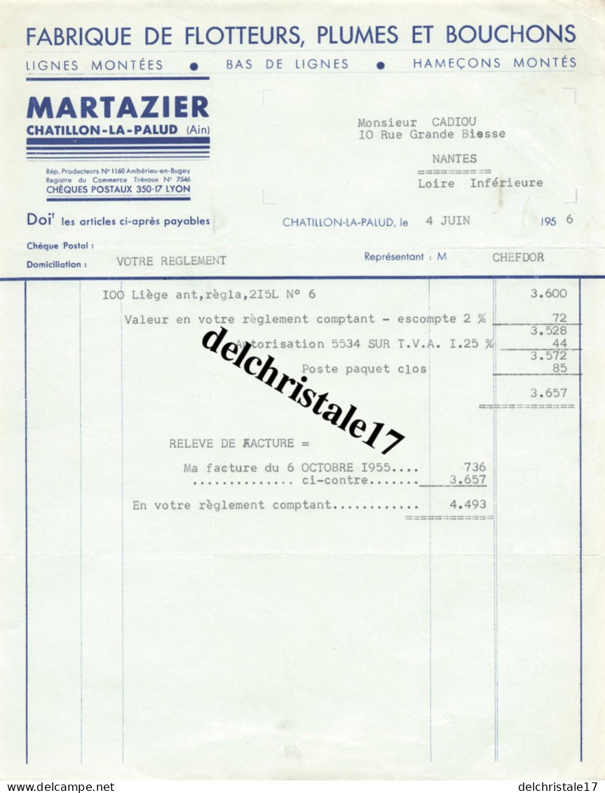 01 0001 CHÂTILLON-LA-PALLUD AIN 1951 Fabrique De Flotteurs Plumes Bouchons Hameçons Montées Éts MARTAZIER à M. CADIOU - Sport & Tourismus