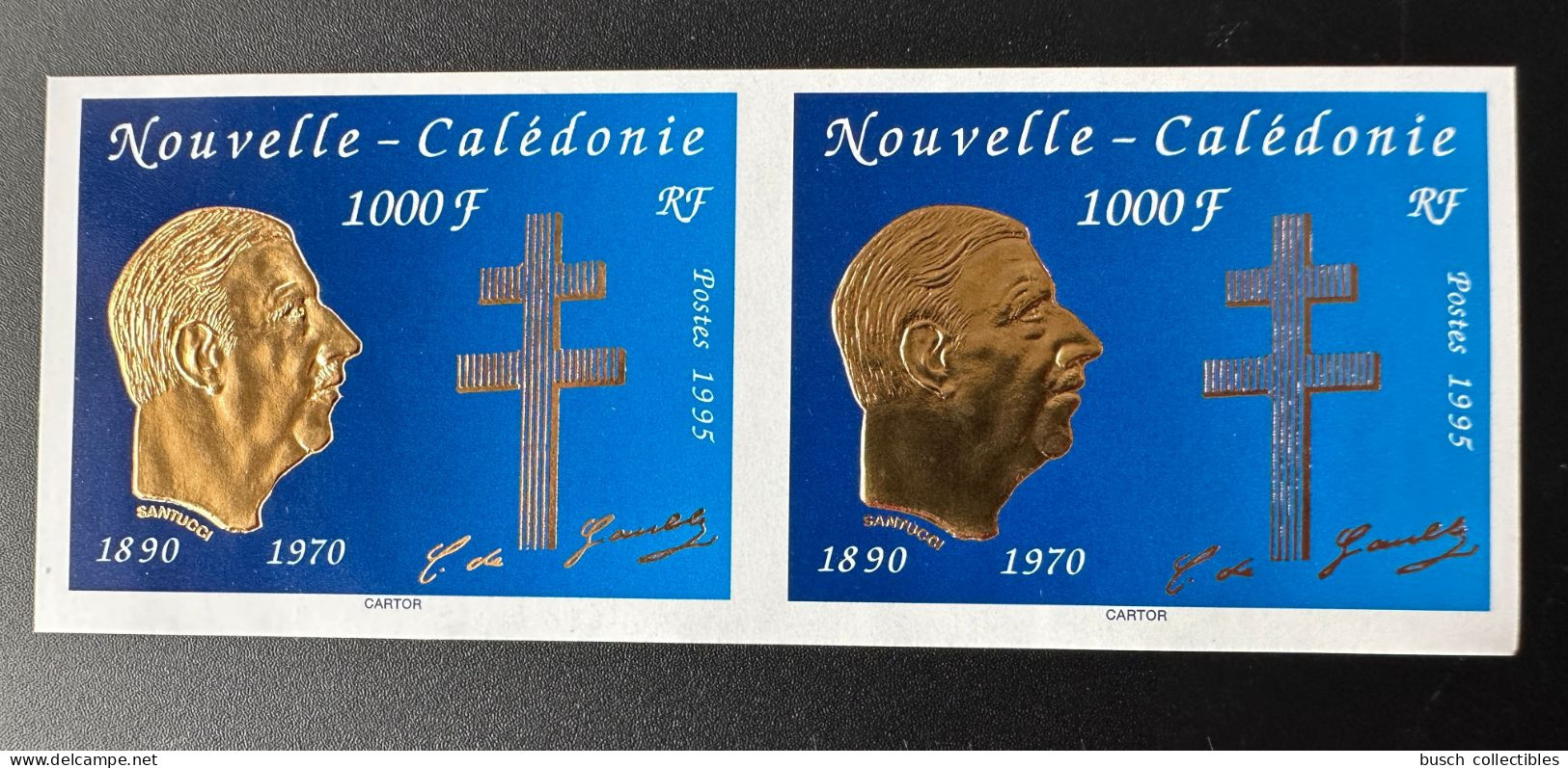 Nouvelle-Calédonie 1995 YT N°682 NON DENTELE Paire Horizontale Mort Du Général Charles De Gaulle Gold Doré - Ongebruikt