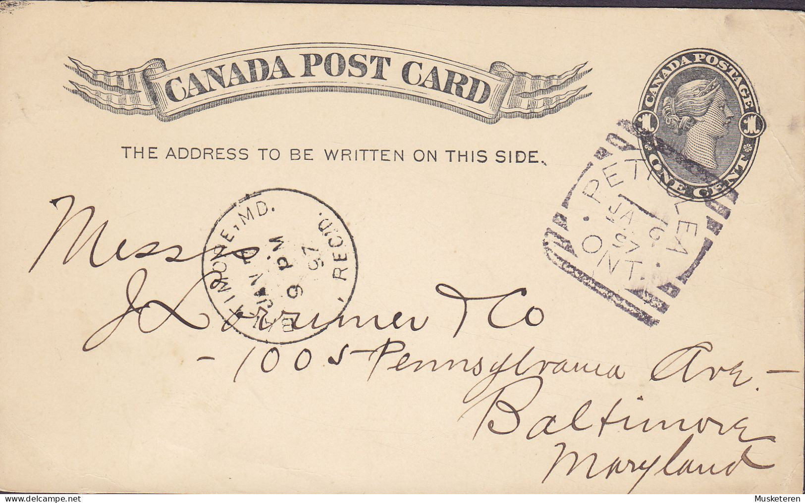 Canada Postal Stationery Ganzsache Entier Queen Victoria PETROLEA Ont. 1897 BALTIMORE Maryland USA (2 Scans) - 1860-1899 Reinado De Victoria