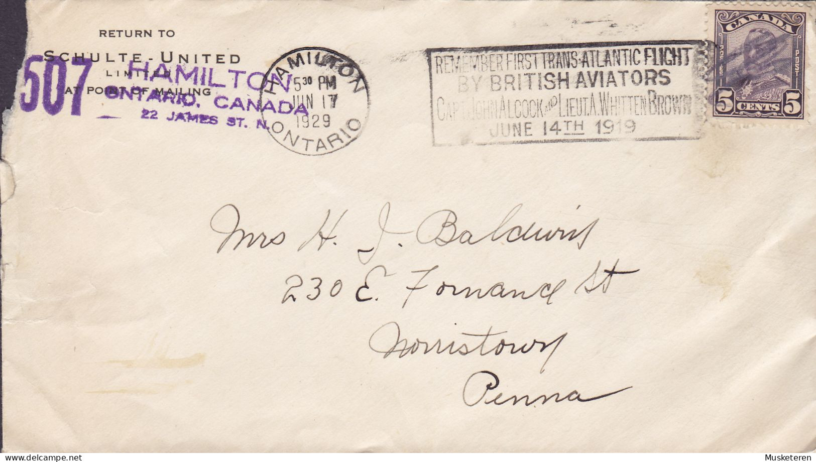 Canada SCHULTE-UNITED Flamme 'Remember First Trans-Atlantic Flight By British Aviators' HAMILTON Ont. 1929 Cover Lettre - Lettres & Documents