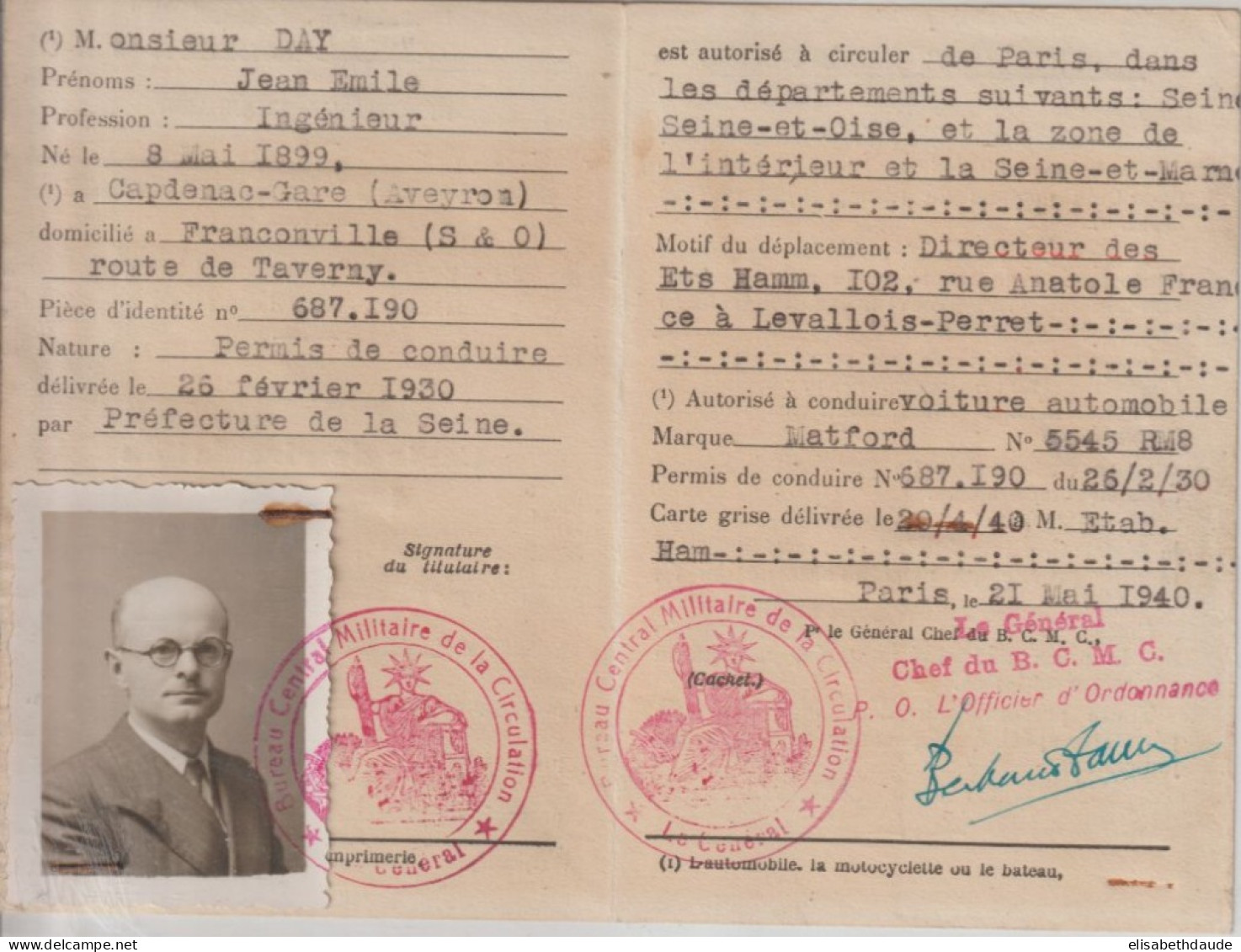 1940 - CARTE DE CIRCULATION TEMPORAIRE Du BUREAU CENTRAL MILITAIRE - DIRECTEUR DES ETS HAMM à LEVALLOIS-PERRET - 1939-45