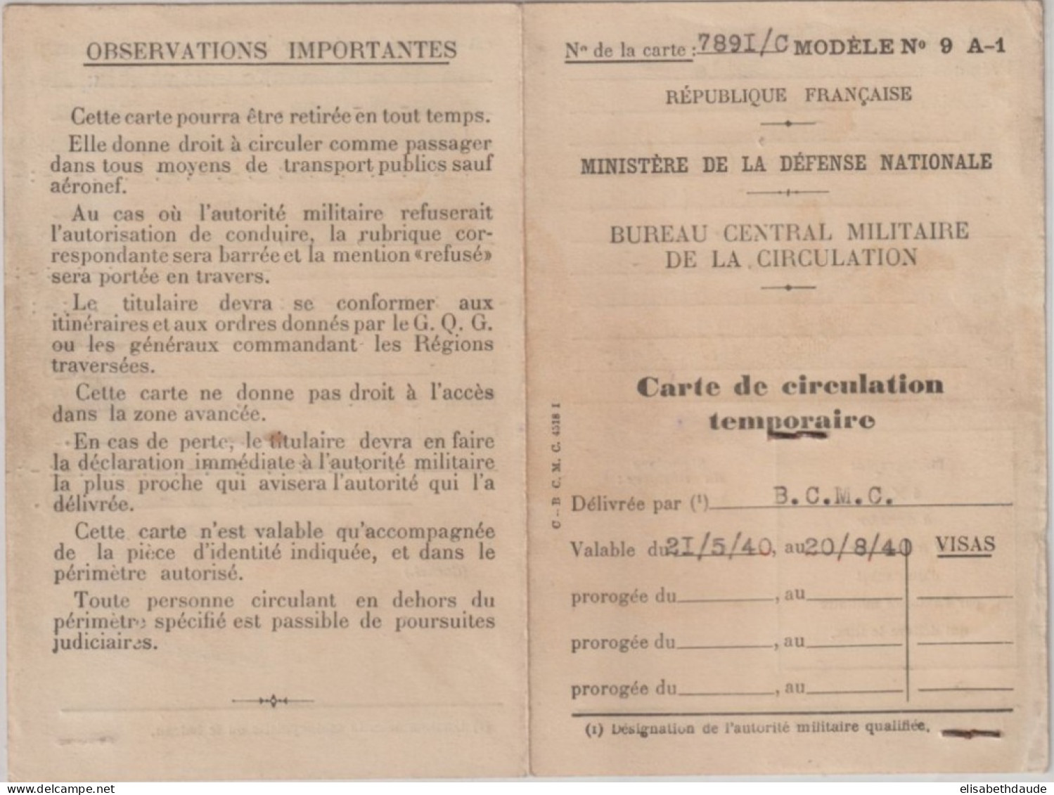 1940 - CARTE DE CIRCULATION TEMPORAIRE Du BUREAU CENTRAL MILITAIRE - DIRECTEUR DES ETS HAMM à LEVALLOIS-PERRET - 1939-45