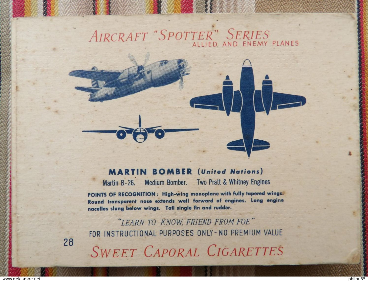 COLLECTION Boite Vide Cigarettes SWEET CAPORAL WW2 MARTIN BOMBER Aircraft Spotter Series - Porta Sigarette (vuoti)