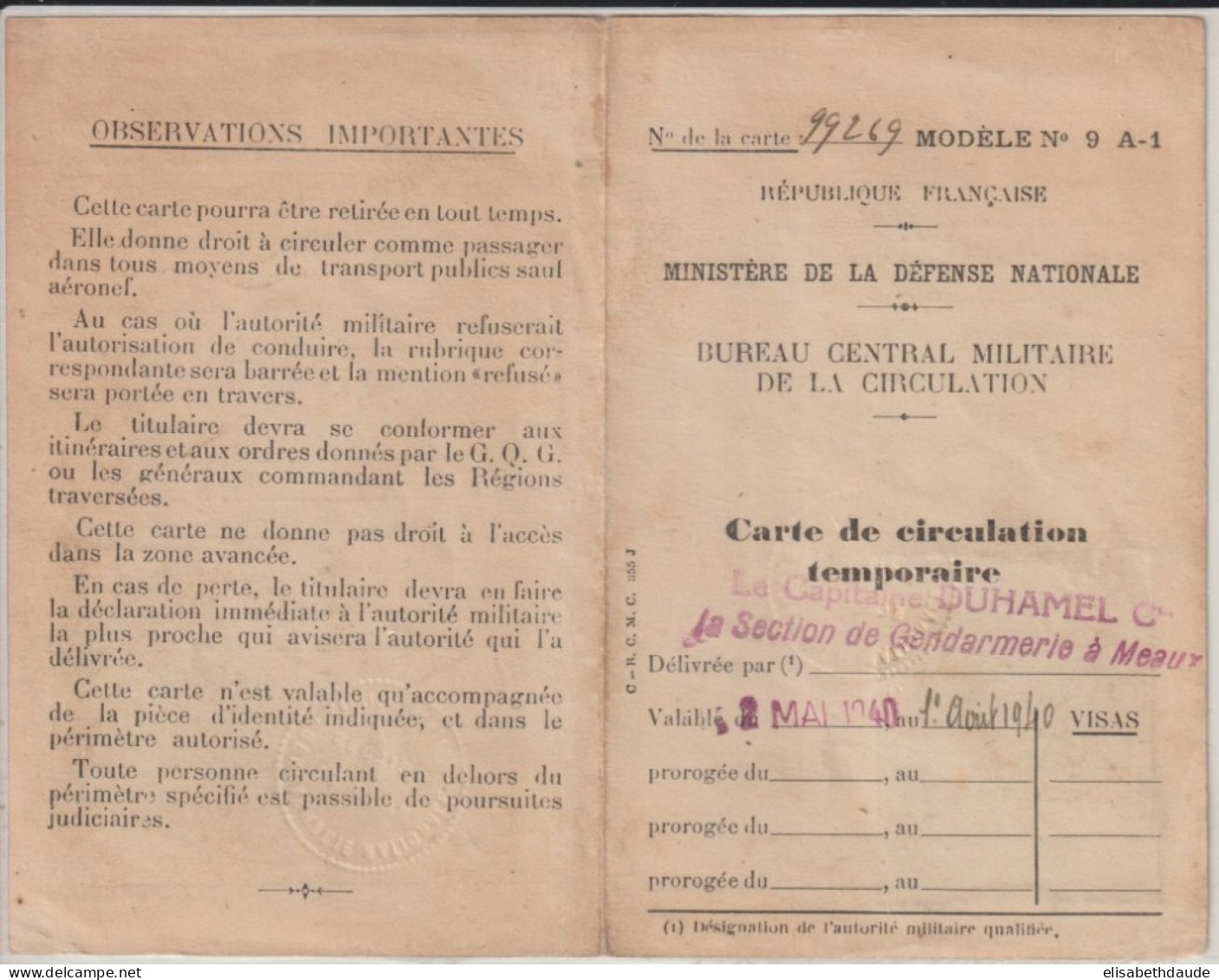 1940 - CARTE DE CIRCULATION TEMPORAIRE Du BUREAU CENTRAL MILITAIRE - GENDARMERIE DE MEAUX (SEINE ET MARNE) - 1939-45