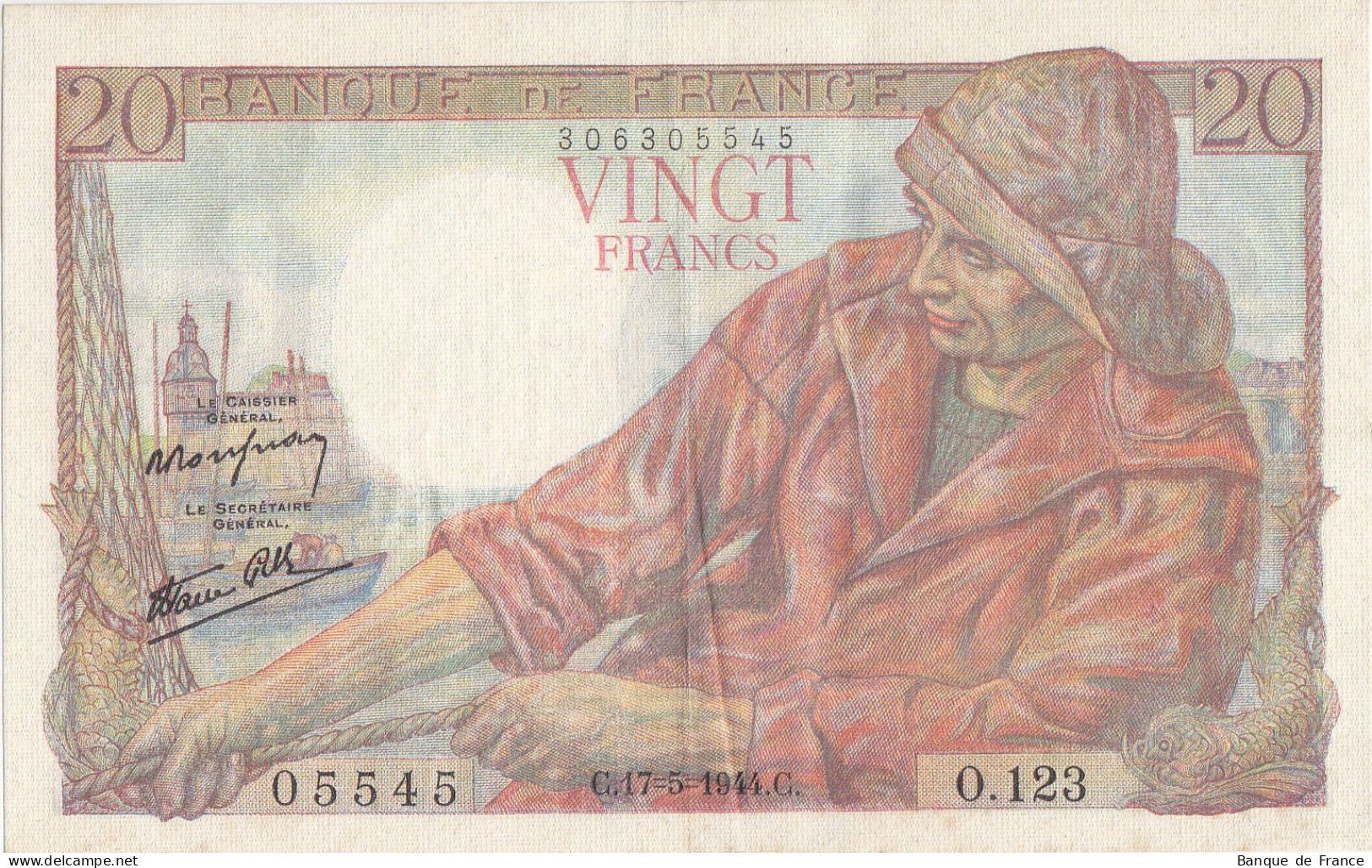 Billet 20 F Pêcheur Du 17-5-1944 FAY 13.09 Alph. O.123 - Sans épinglage - 20 F 1942-1950 ''Pêcheur''