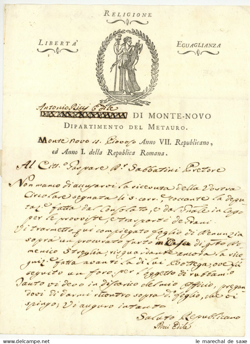 Republique Romaine Romana 1799 Montenovo Vignette Ricci - Documenti Storici