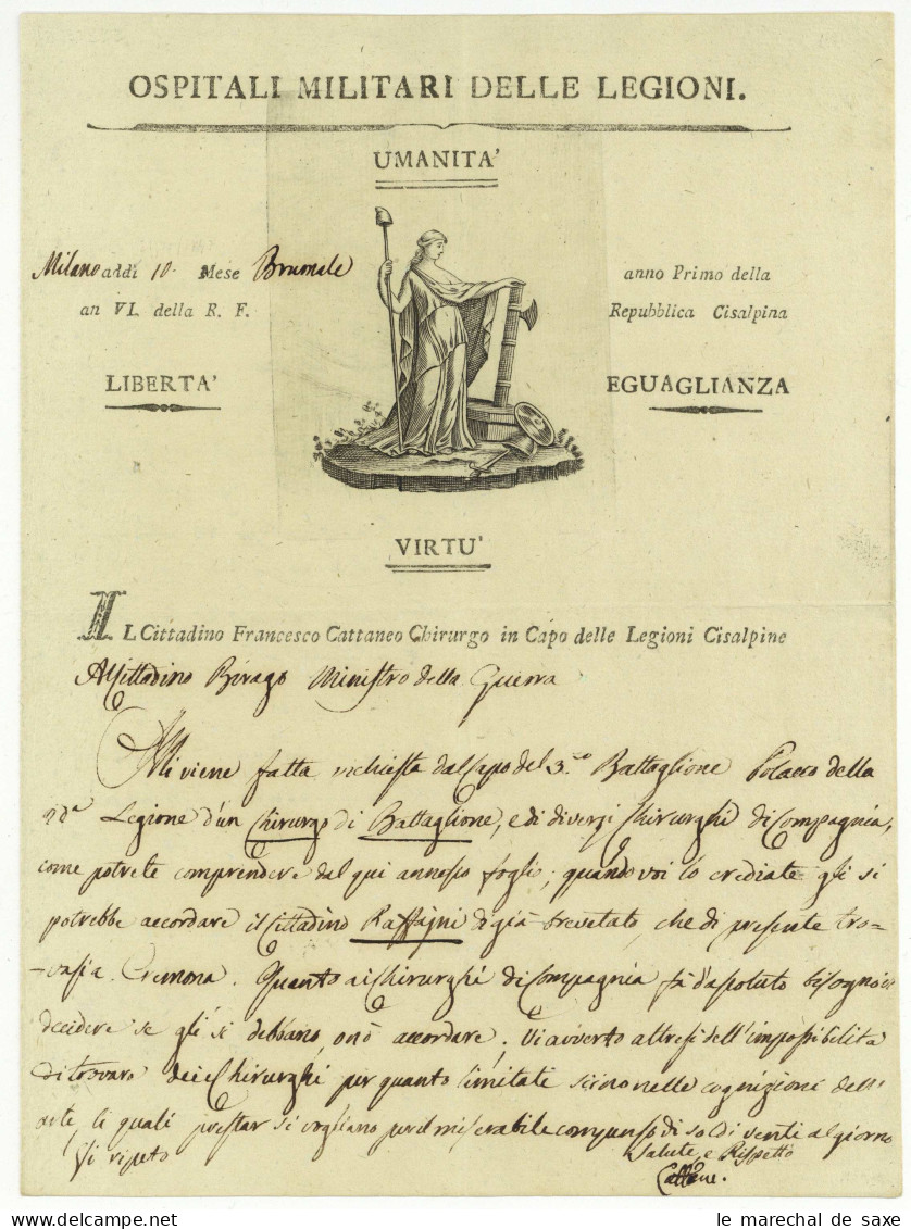 Republique Cisalpine Cisalpina Milano 1797 Cattaneo Chirurgo In Capo Delle Legione Cisalpine Vignette - Documenti Storici