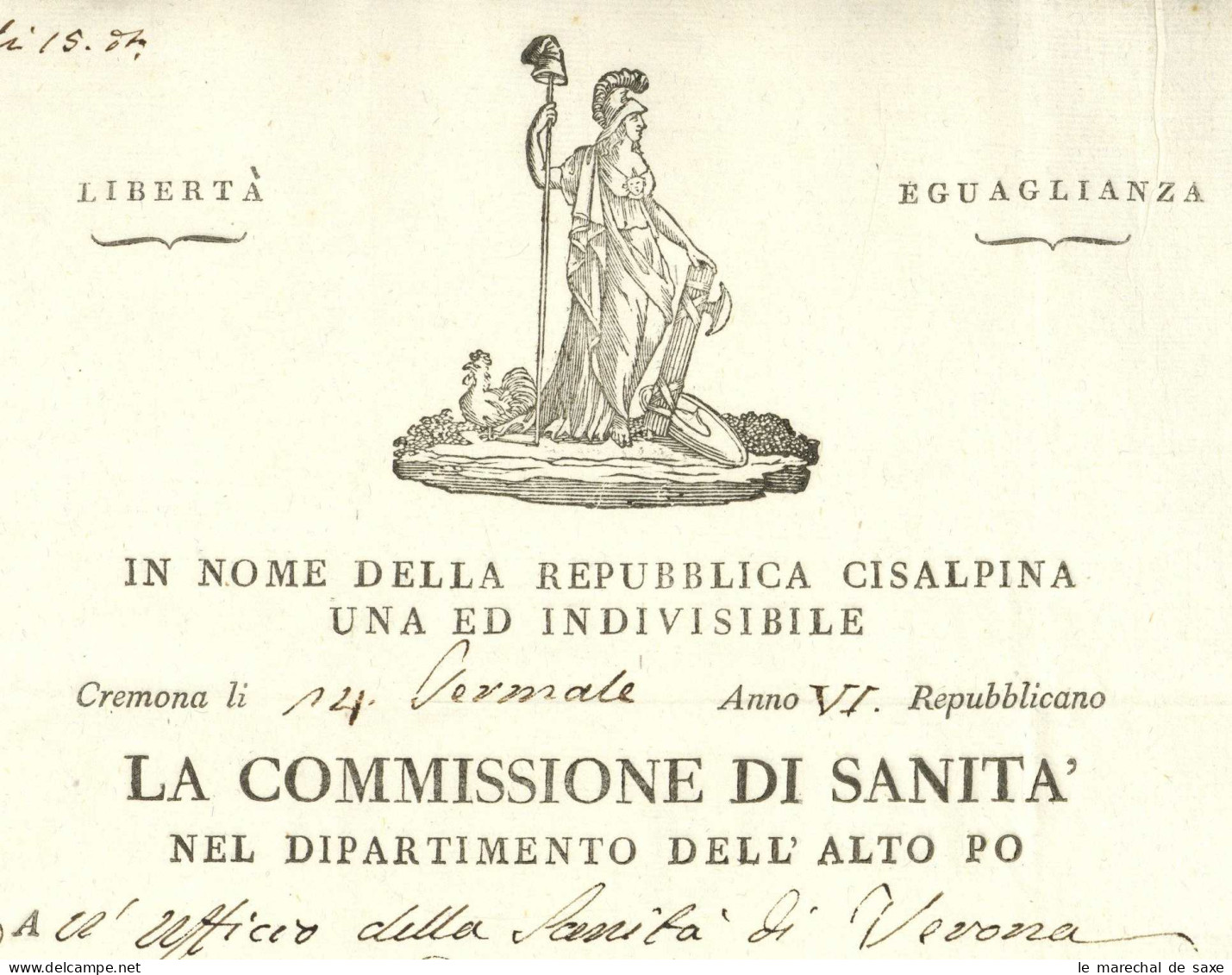 Republique Cisalpine Cisalpina Cremona 1798 Verona Commissione Di Sanita Vignette - Documenti Storici