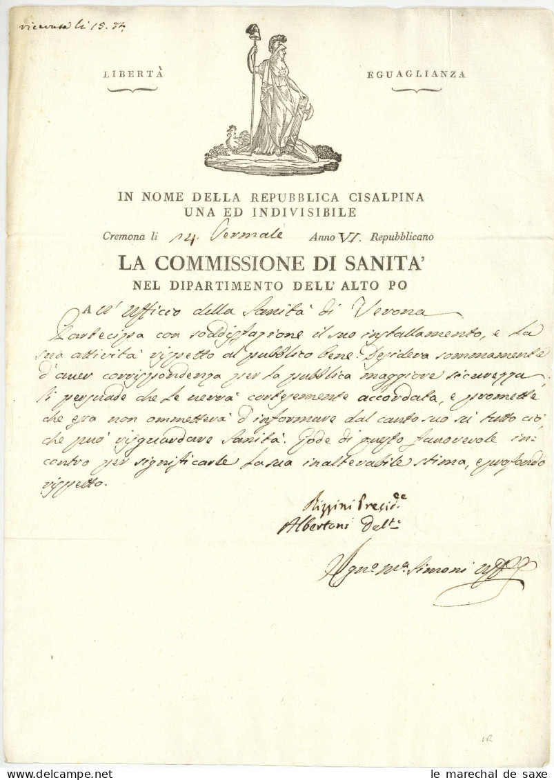 Republique Cisalpine Cisalpina Cremona 1798 Verona Commissione Di Sanita Vignette - Documenti Storici