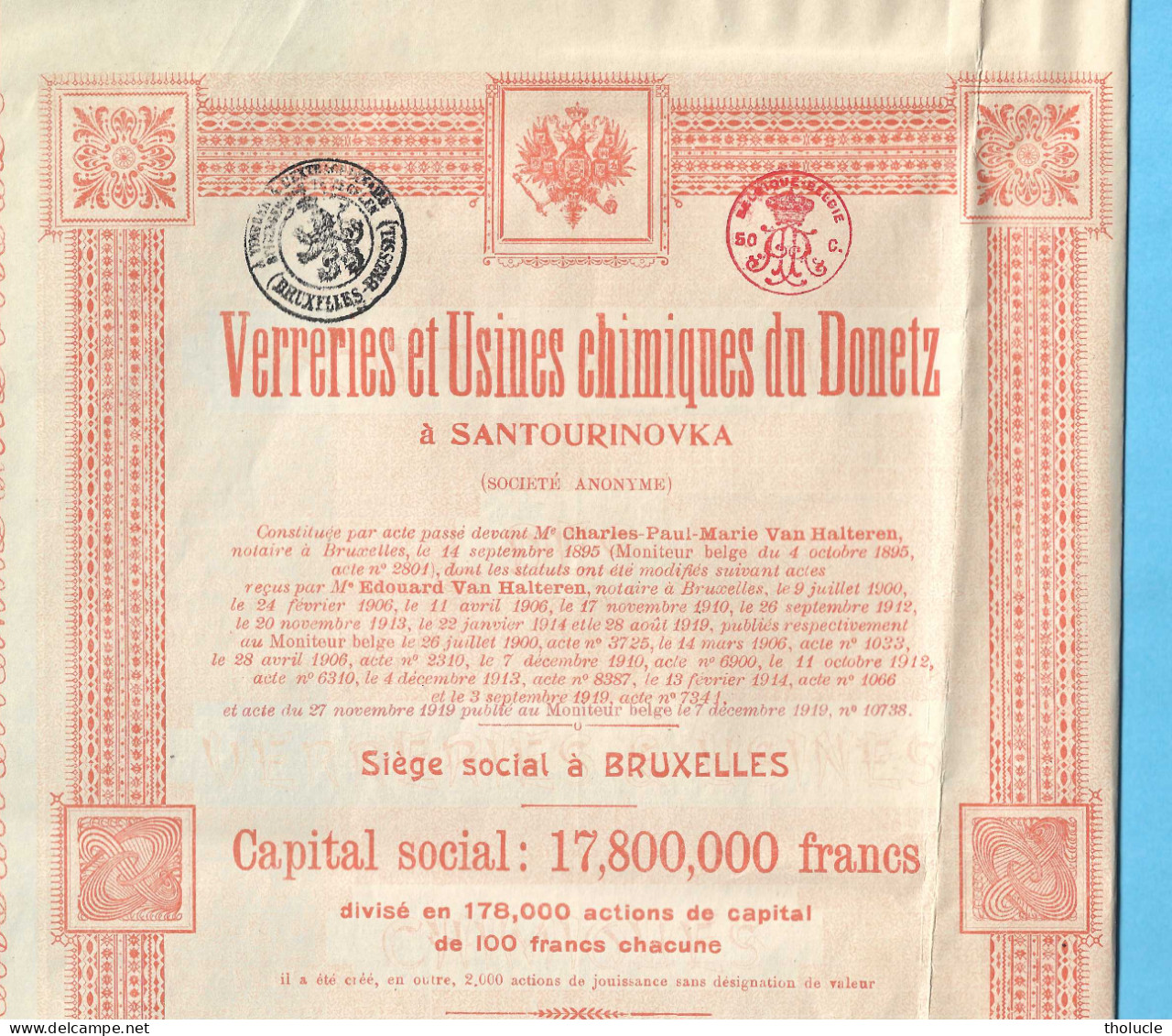 Action De Capital De 100 Frs-Verreries Et Usines Chimiques Du Donetz à Santourinovka-Donets-Donbass-Ukraine-Russie-1920 - Rusland