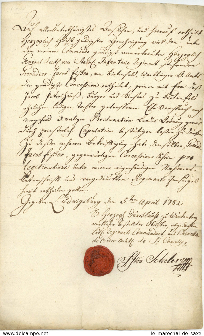Württemberg Ludwigsburg Oberst V Scheler (+1784) Infanterie Regiment V Stain Bittenfeld Heiratsgenehmigung - Documenti Storici