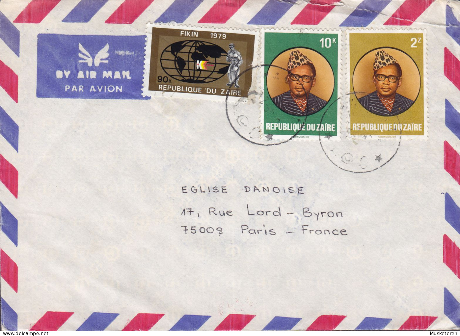 Zaire By Air Mail Par Avion KAMINA 1982? Cover Brief Lettre Eglise Danoise PARIS France 2x President Mobuto - Brieven En Documenten