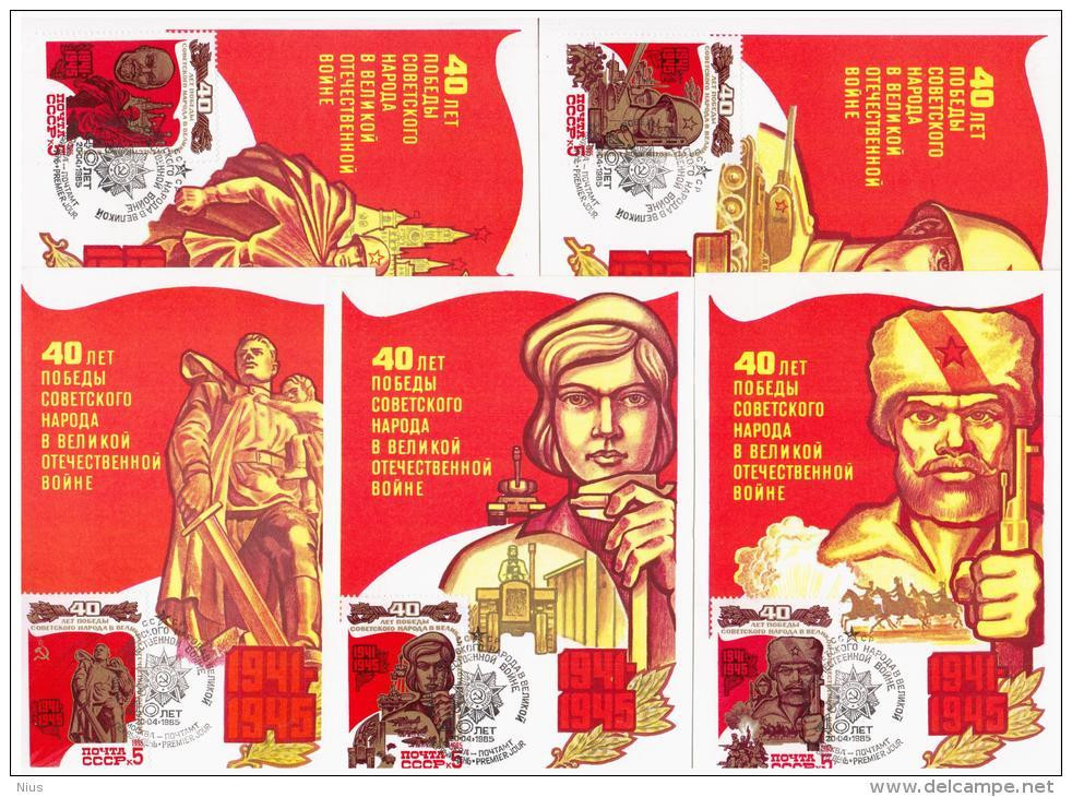 Russia USSR 1985 MC X5 40th Anniv. Of Victory In Second World War WWII, Maximum Cards - Maximumkaarten