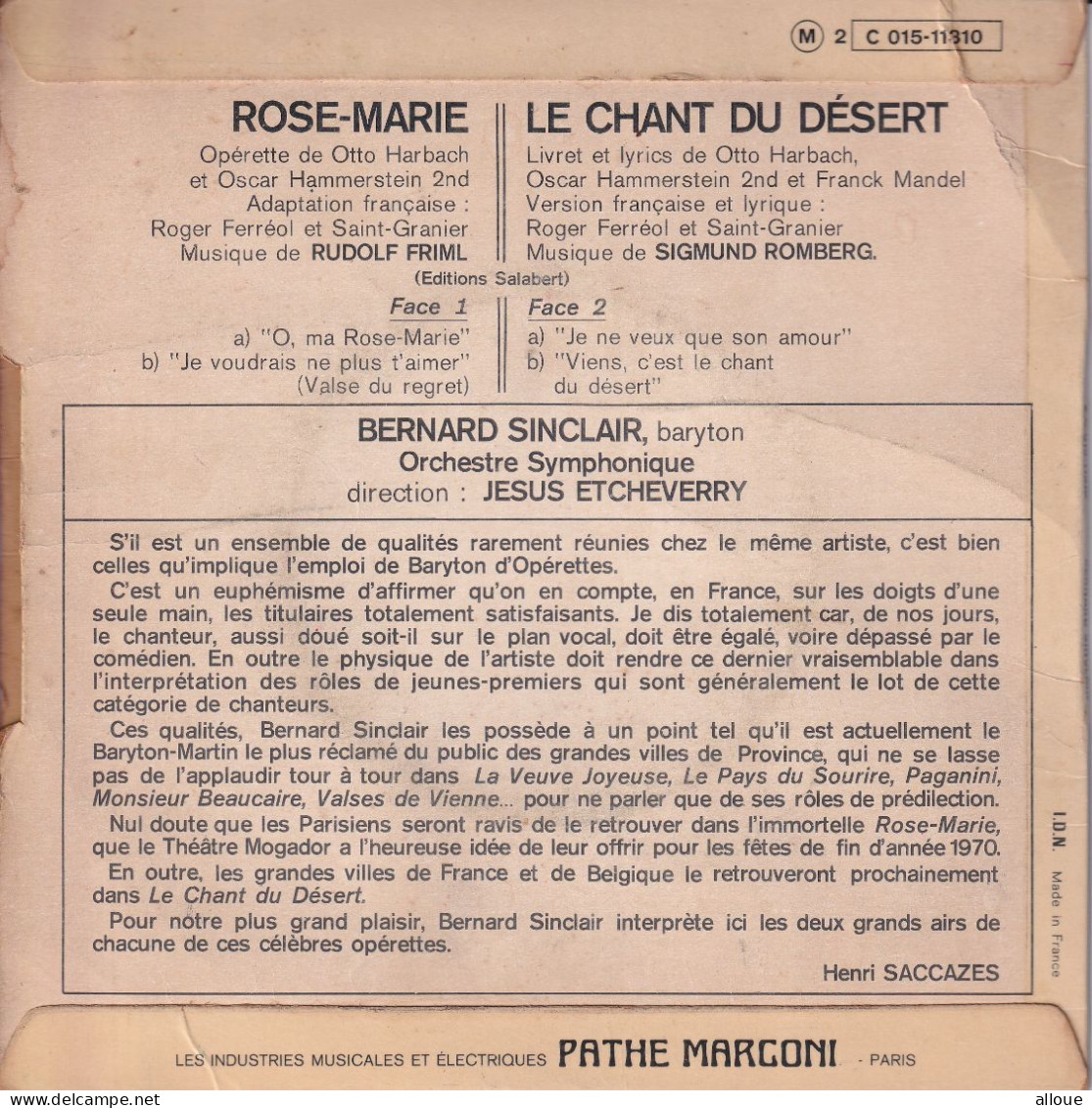 BERNARD SINCLAIR  - FR EP - O, MA ROSE-MARIE + 3 - Opéra & Opérette