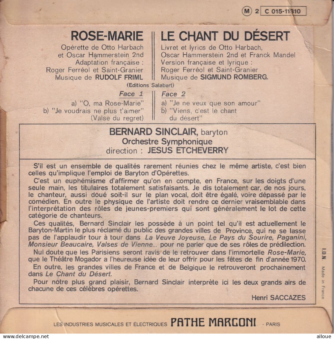 BERNARD SINCLAIR  - FR EP - O, MA ROSE-MARIE + 3 - Opera