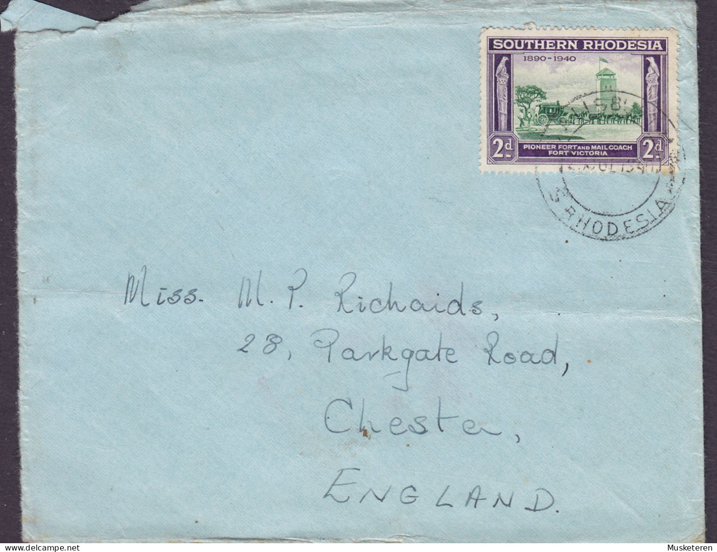 Southern Rhodesia Soldier BELVEDERE CAMP R.A.F. SALISBURY 1940 Cover Brief CHESTER England Fort Victoria & Mail Coach - Southern Rhodesia (...-1964)