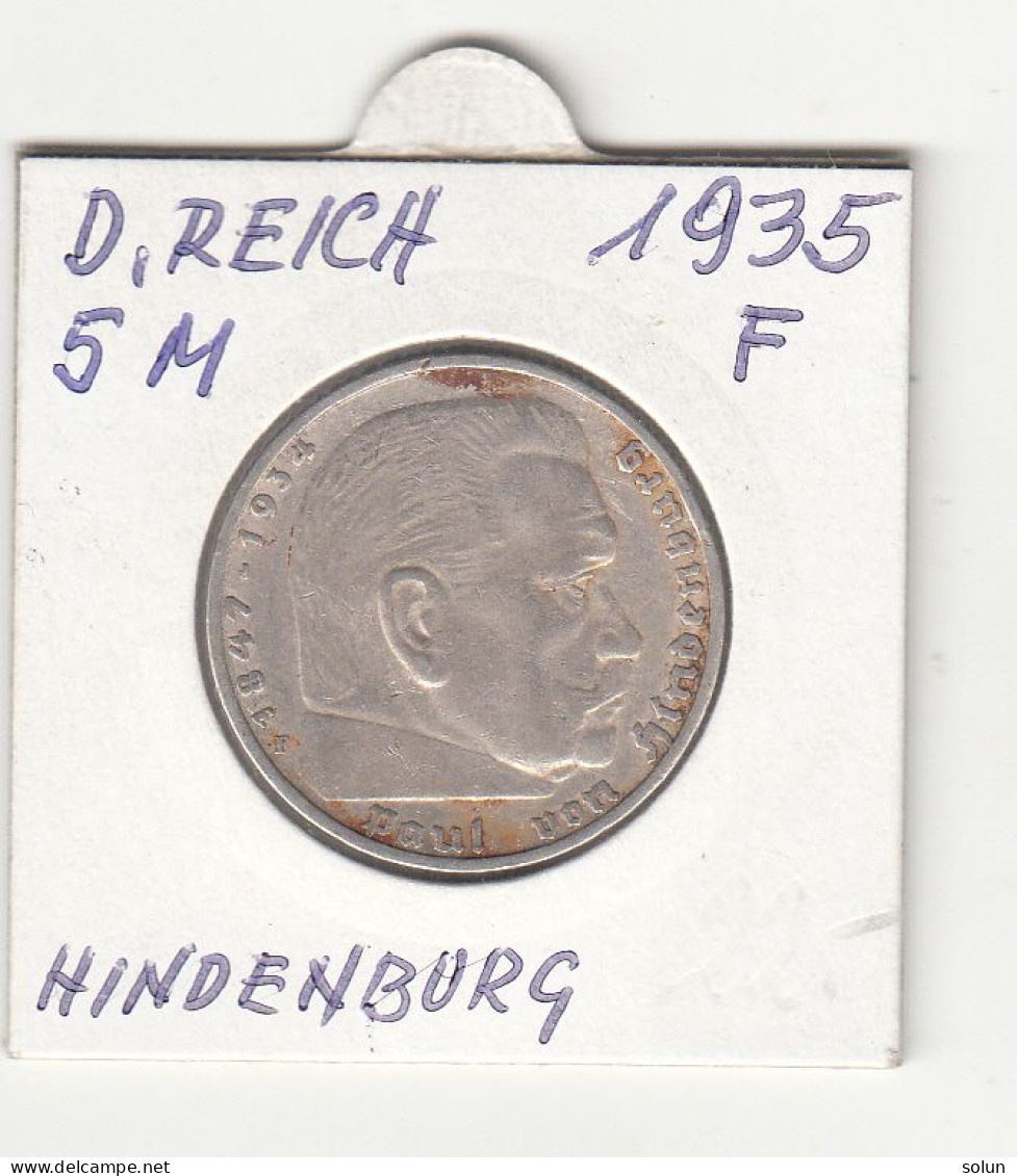 5 REICHSMARK 1935 F HINDENBURG SILVER COIN GERMANY - 5 Reichsmark
