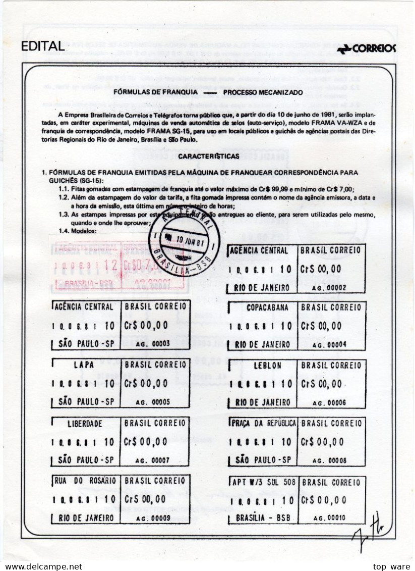 Brasilien Brazil EDITAL 1981 ATM Ankündigungsblatt Mit ET-Stempel AG.00001 + VA.00001 Automatenmarken Frama Etiquetas - Franking Labels