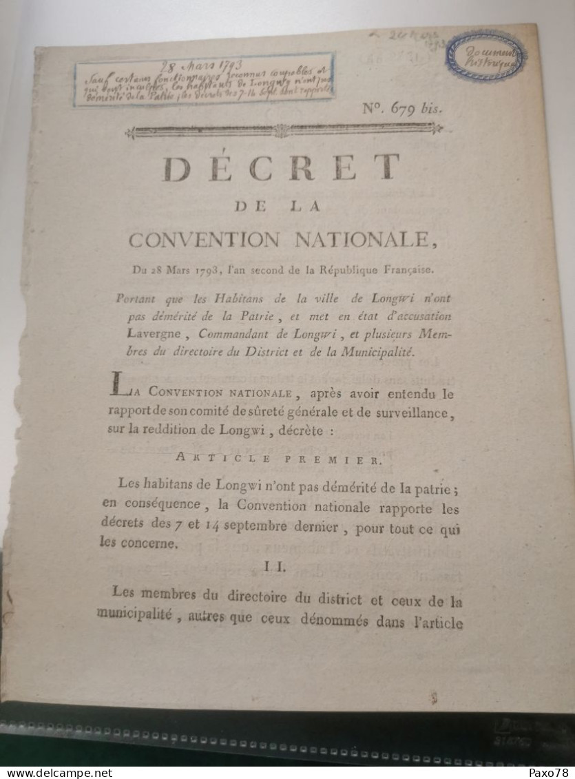 Décret De La Convention Nationale 1793, Aux Habitants De Longwy - 1792-1815 : Departamentos Conquistados