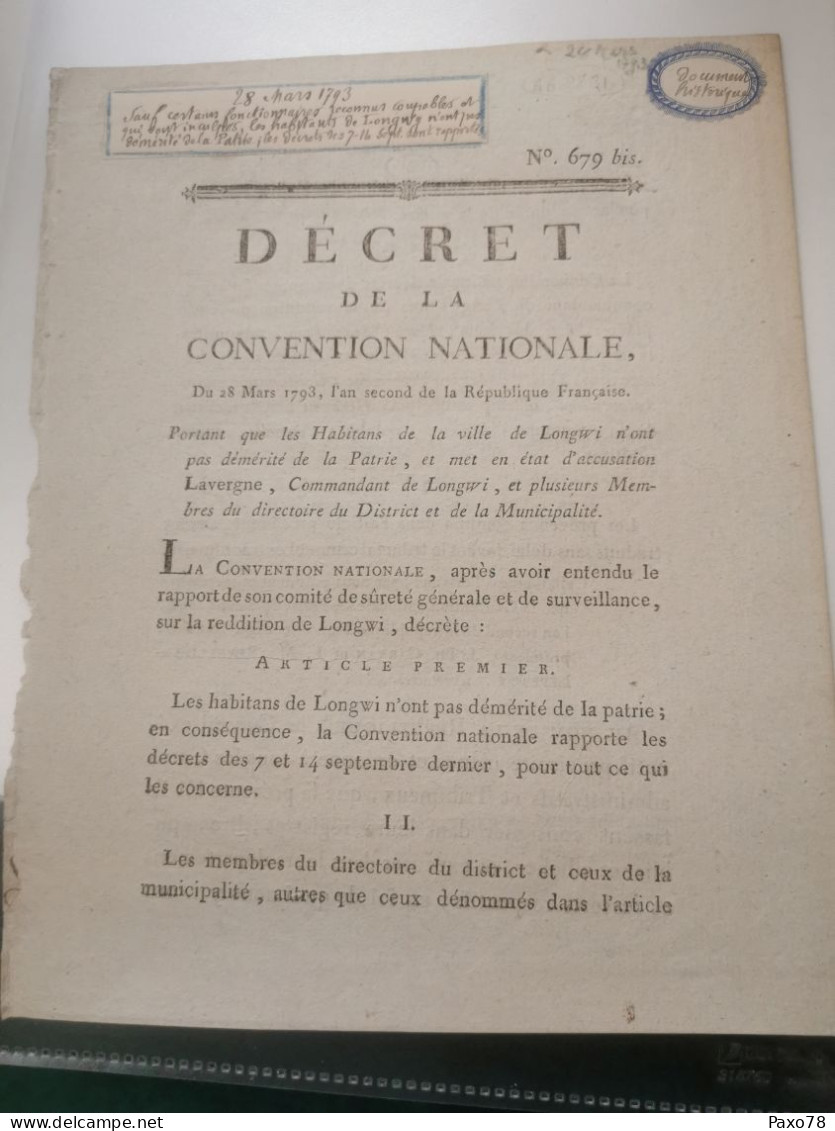 Décret De La Convention Nationale 1793, Aux Habitants De Longwy - 1792-1815: Départements Conquis