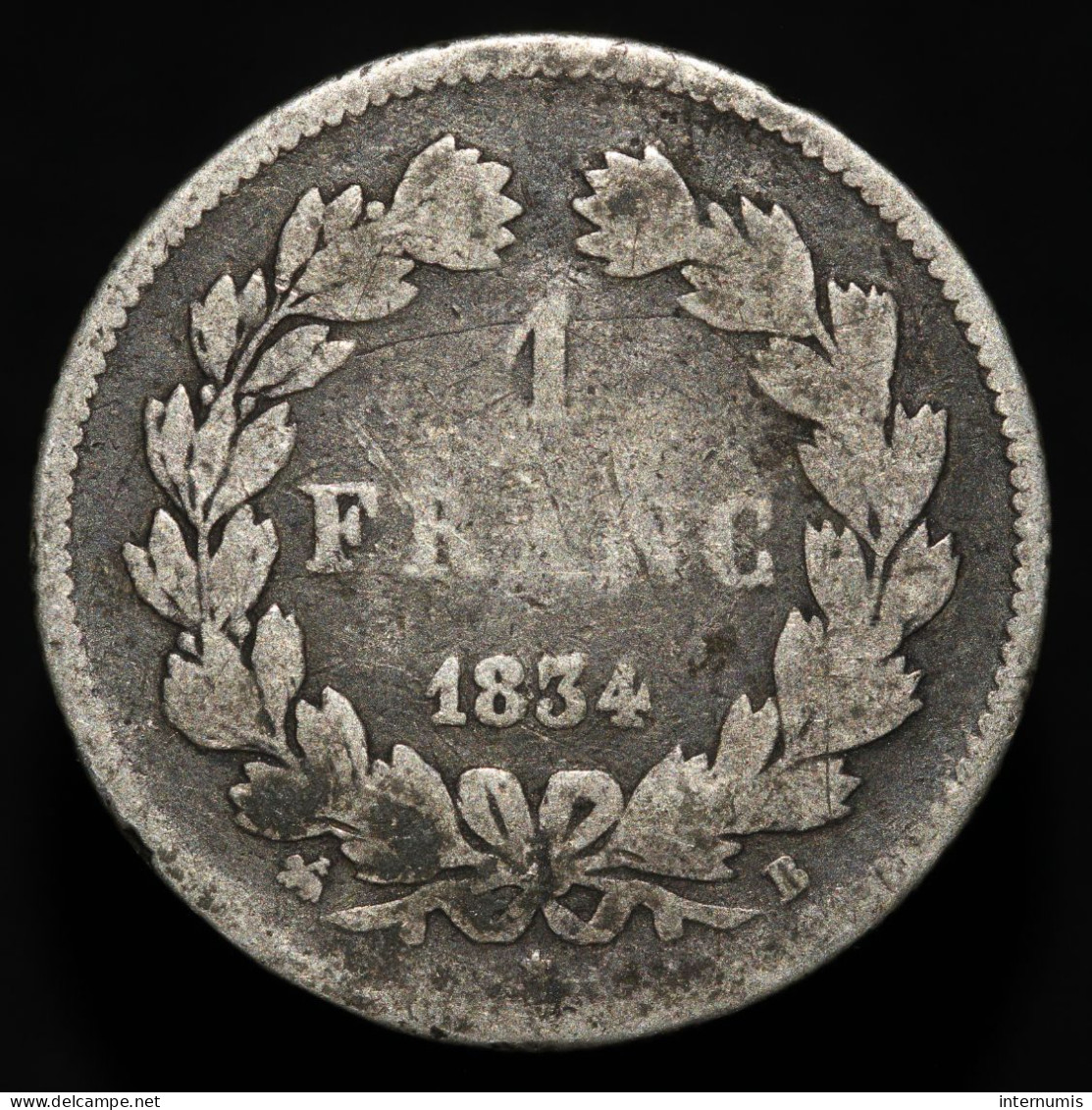 (Scarce) France, Louis-Philippe, 1 Franc, 1834, B - Rouen, Argent (Silver) - Pas Commune - 1 Franc