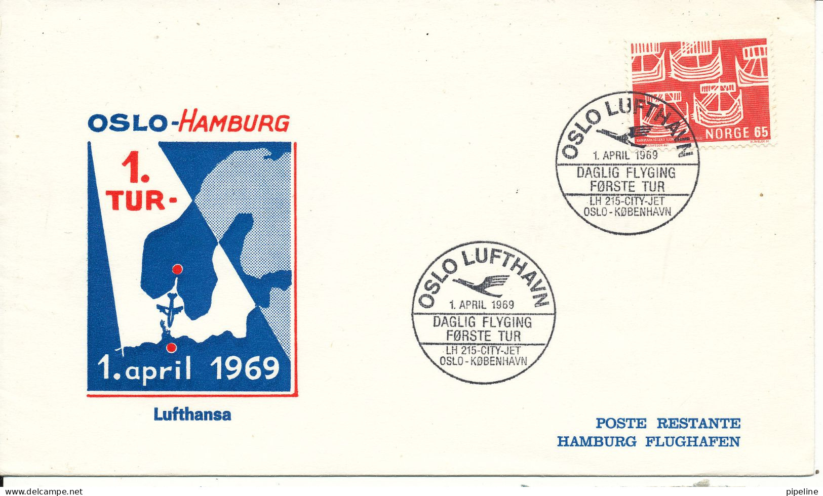 Norway Cover First Lufthansa City Jet Flight Oslo - Copenhagen - Hamburg 1-4-1969 - Covers & Documents