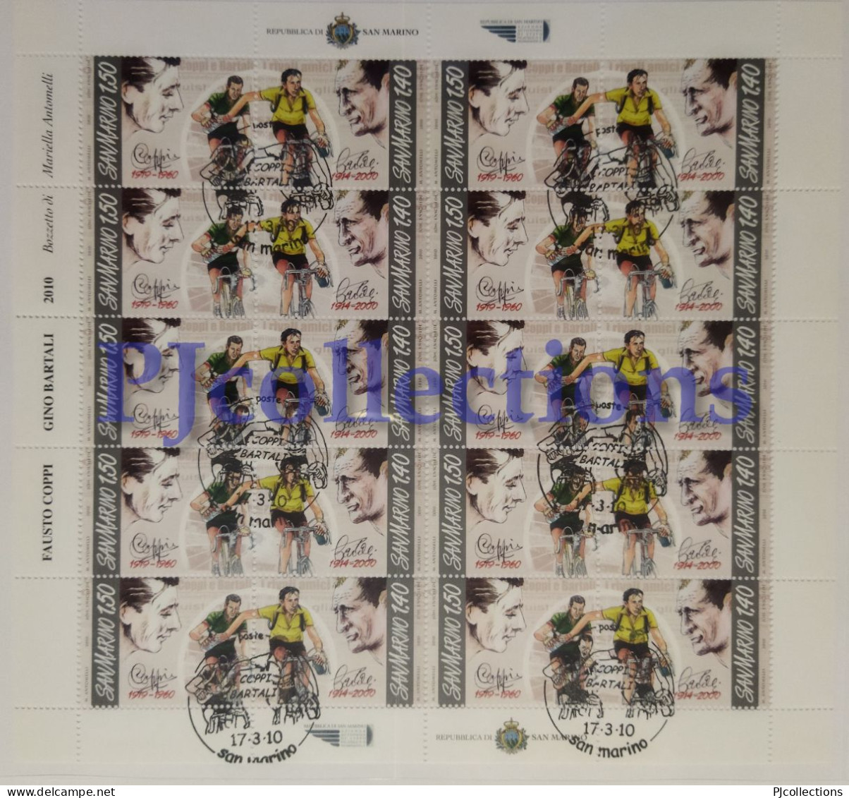 4495-SAN MARINO 2010 FAUSTO COPPI E GINO BARTALI FULL SHEET 10 STAMPS C/ANNULLO 1° GIORNO - USED - Unused Stamps