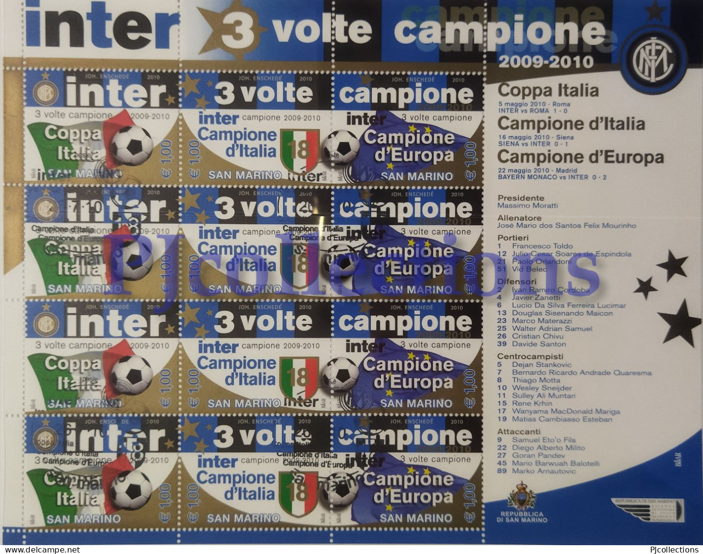 4496-SAN MARINO 2010 INTER 3 VOLTE CAMPIONE - INTER 3 TIMES CHAMPION FULL SHEET 12 STAMPS C/ANNULLO 1° GIORNO - USED - Unused Stamps