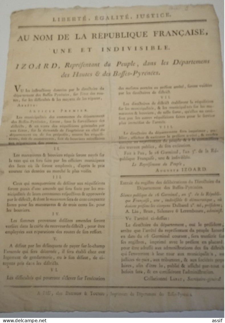 Révolution - République An 3 - Izoard Représentant En Mission Basses Pyrénées Placard Affiche - Documents Historiques