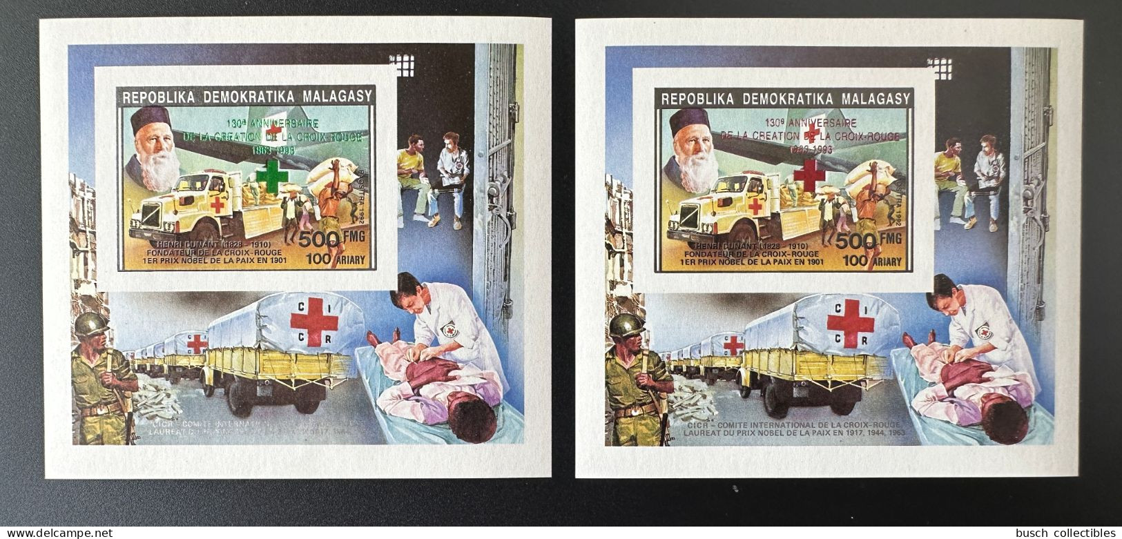 Madagascar Madagaskar 1993 Mi. Bl. 236Ab Bb ND Imperf Red Green Overprint Red Cross Henri Dunant Croix Rouge Rotes Kreuz - Red Cross