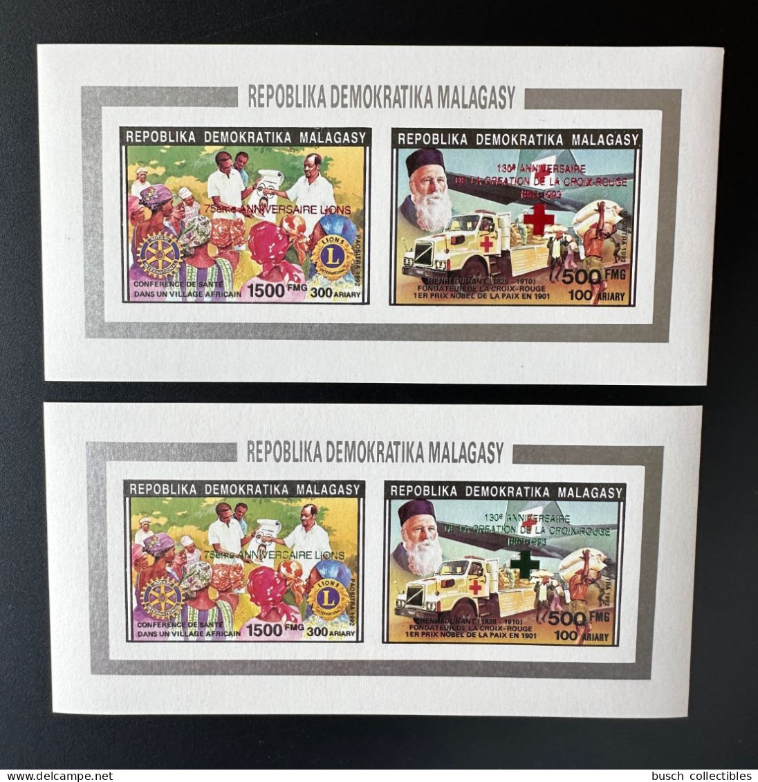 Madagascar Madagaskar 1993 Mi. Bl. 1560 ND IMPERF Red Green Overprint Red Cross Henri Dunant Croix Rouge Lions - Henry Dunant