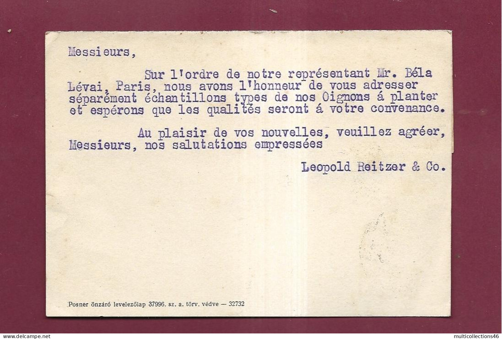 170723A - LETTRE ETRANGER - PERFORE RL - LEOPOLD REITZER SZEGED HONGRIE - 1932 Oignon - Storia Postale