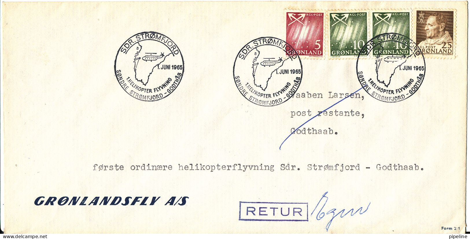 Greenland Cover First Helicopter Flight Sdr. Stromfjord - Godthaab 1-6-1965 - Lettres & Documents