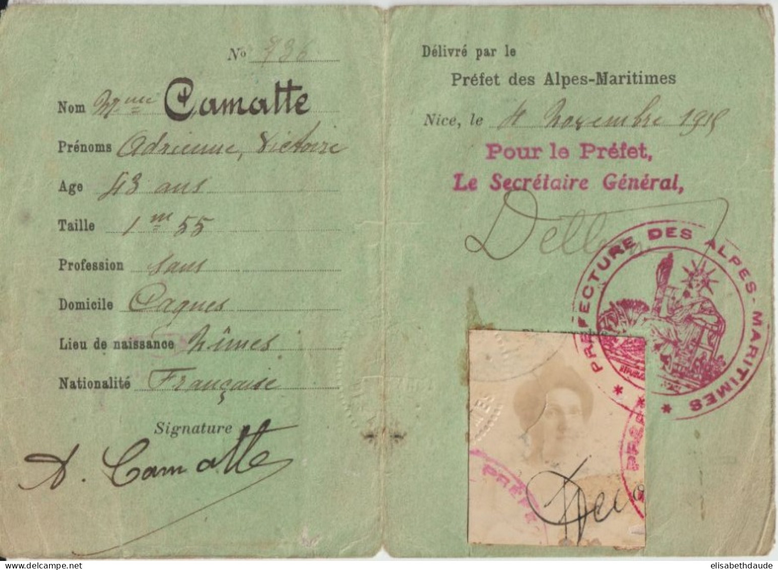 1915 - CARTE SAUF-CONDUIT PERMANENT De La PREFECTURE Des ALPES MARITIMES à NICE - 1914-18