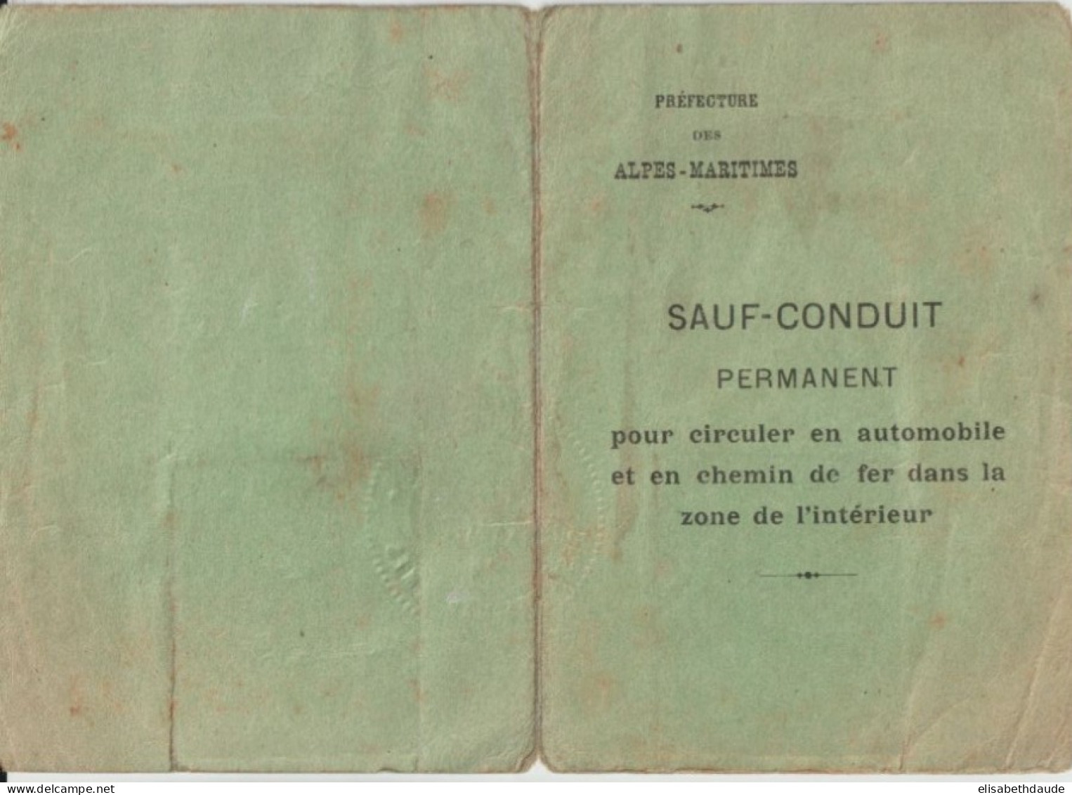 1915 - CARTE SAUF-CONDUIT PERMANENT De La PREFECTURE Des ALPES MARITIMES à NICE - 1914-18