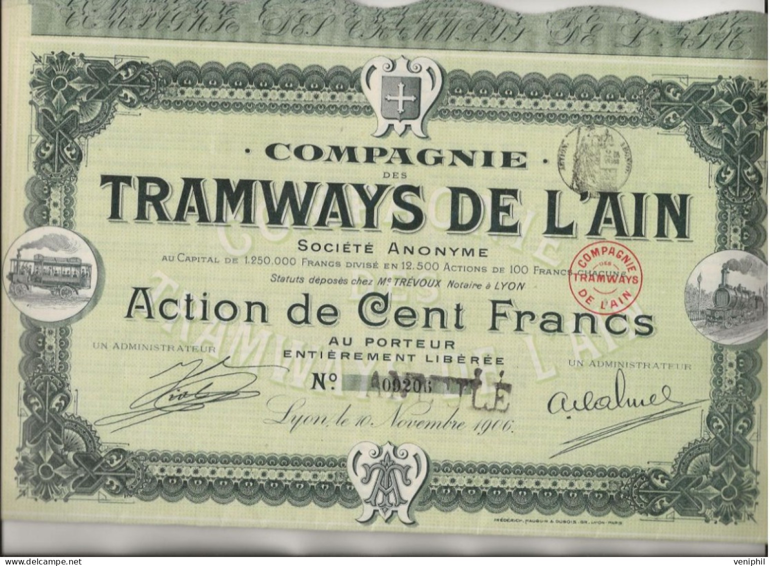 LOT DE 6 ACTIONS DE 100 FRS - COMPAGNIE DES TRAMWAYS DE L'AIN - ANNEE 1906 - Chemin De Fer & Tramway