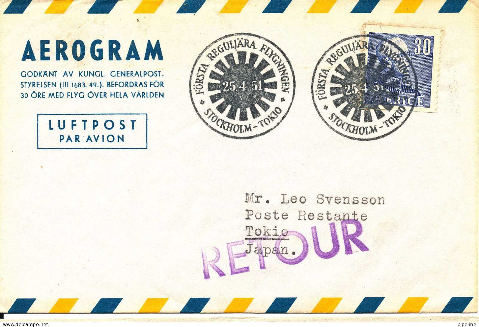 Sweden Aerogramme First SAS DC-6 Flight Stockholm - Tokyo Via India 25-4-1951 - Lettres & Documents