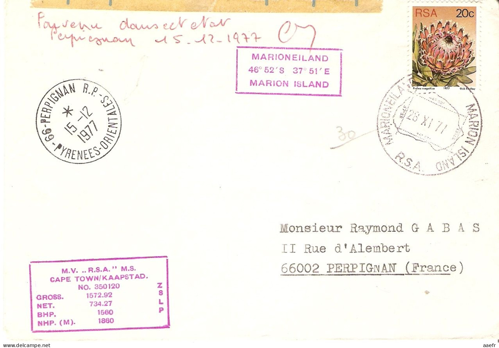 Afrique Du Sud 1977 - Ship Cover - Transport Maritime - Lettre De Marion Island à Perpignan - Marioneiland - Storia Postale