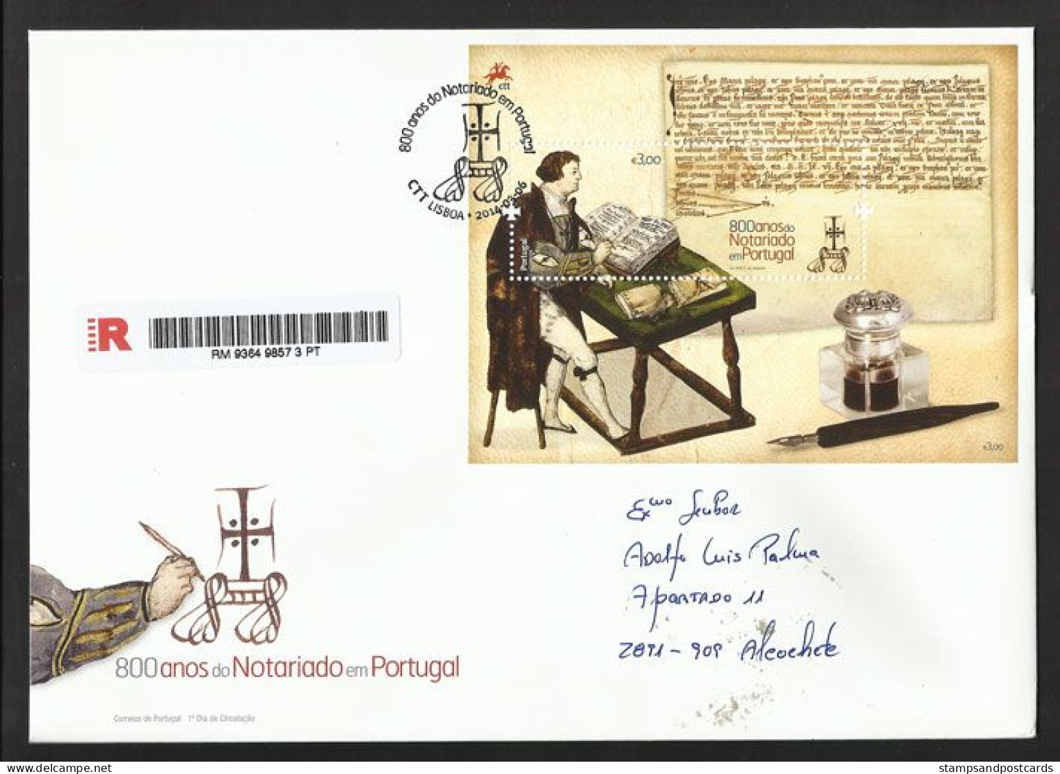 Portugal 800 Ans Notaires Justice Droit Ecriture 2014 FDC Bloc Recommandée 800 Years Notary Law Writing R FDC - FDC