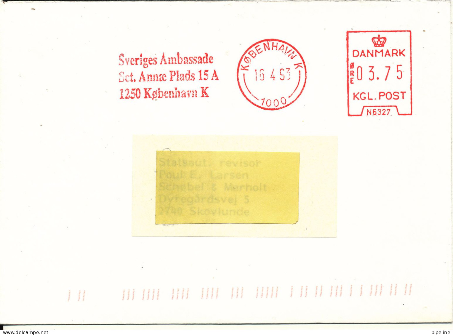 Denmark Cover With Red Meter Cancel 16-4-1993 The Embassy Of Sweden Copenhagen - Storia Postale