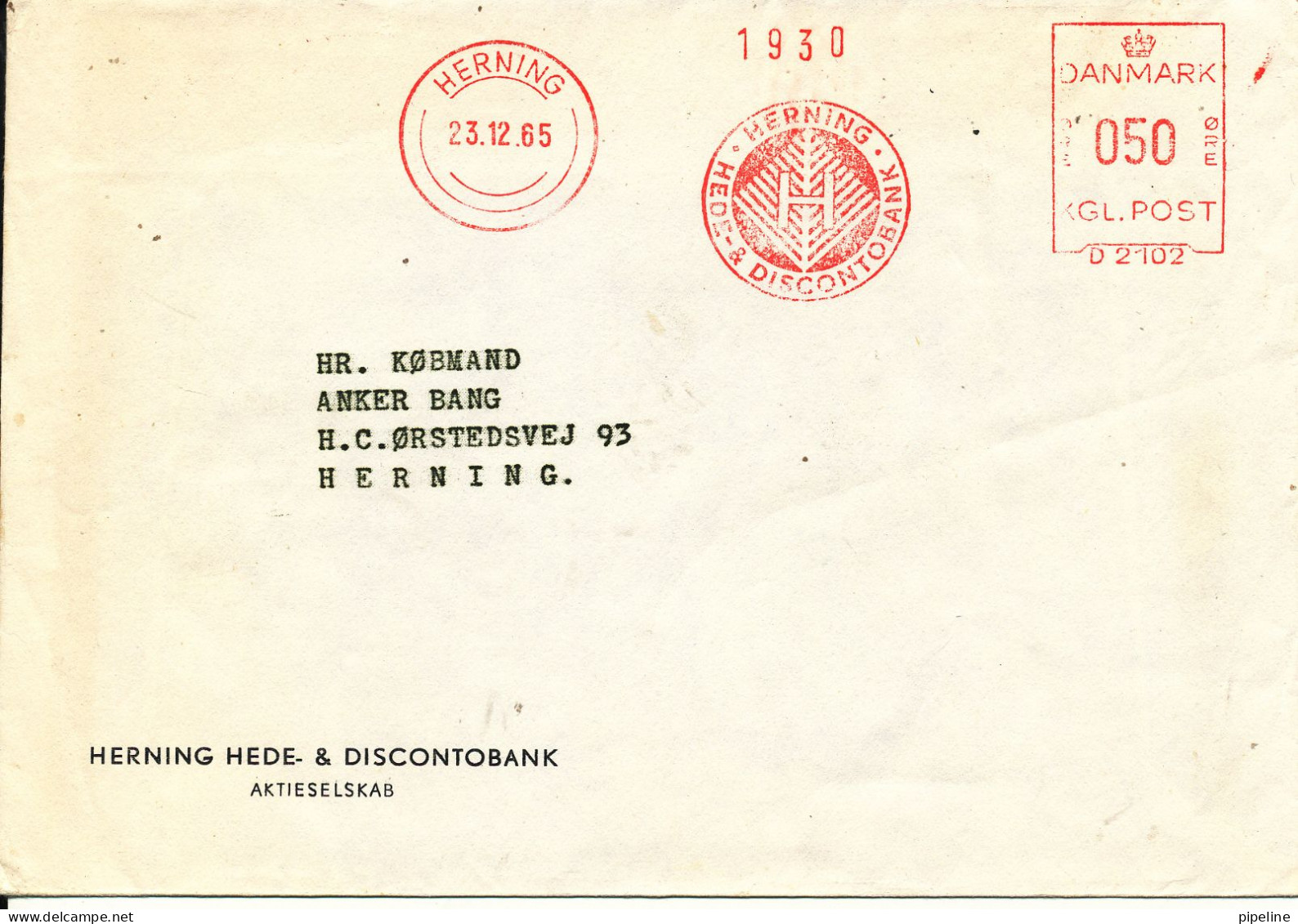 Denmark Bank Cover With Meter Cancel Herning 23-12-1965 (Herning Hede & Discontobank) - Brieven En Documenten