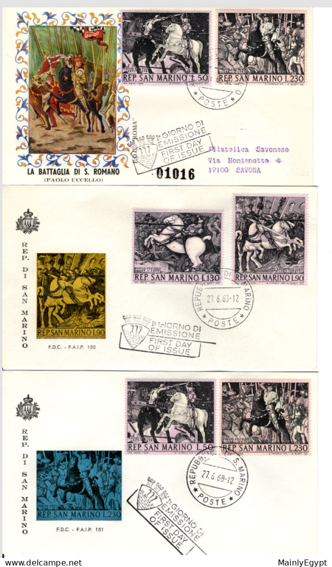 SAN MARINO - 1968, Mi914-7 - 5 FDCs, Horses, Paintings By Paolo Uccello  (BB075) - Covers & Documents
