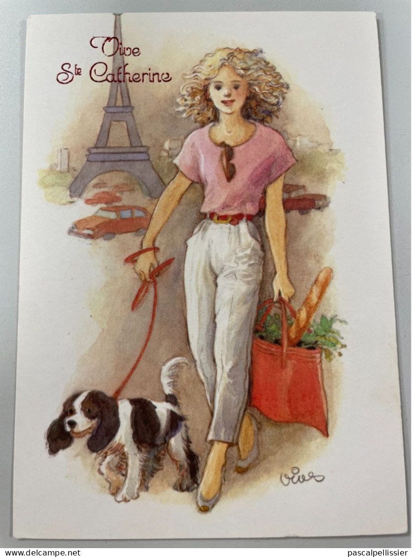 CPM - Fantaisie - Vive Sainte Catherine - Jeune Fille Avec Son Chien - Tour Eiffel - Baguette De Pain - Sainte-Catherine