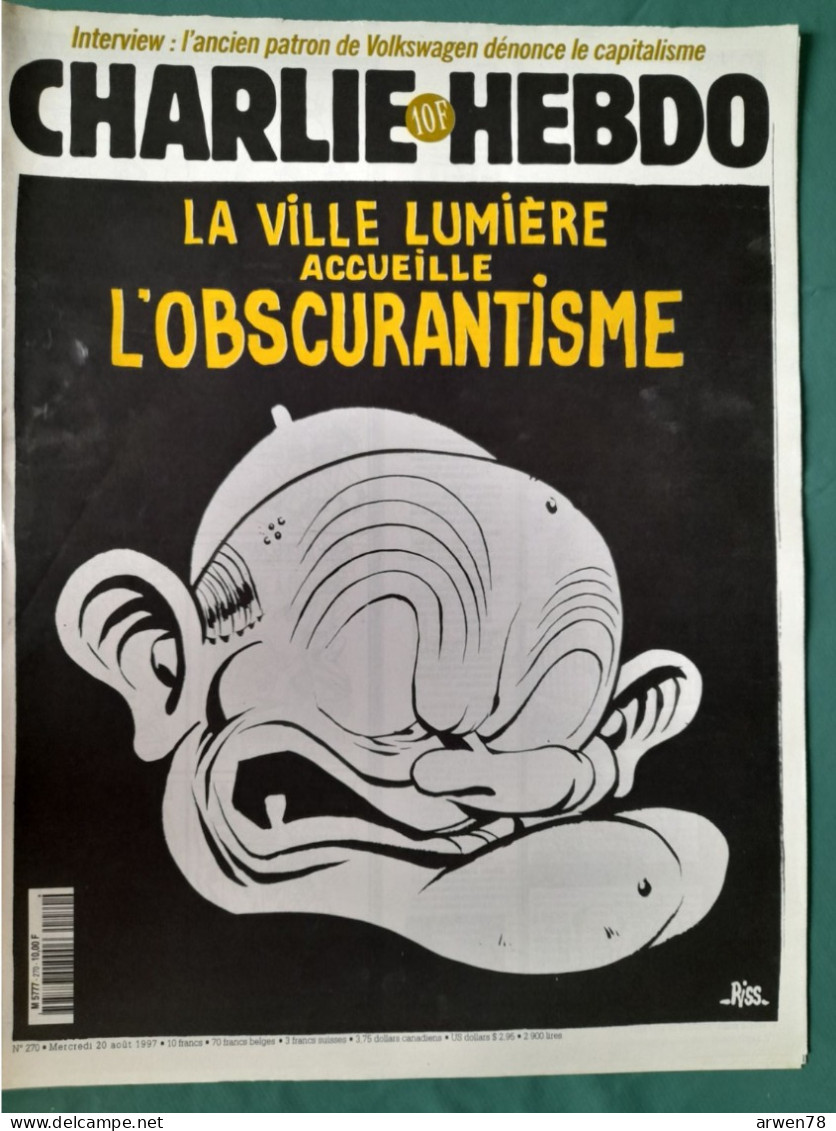 CHARLIE HEBDO 1997 N° 270 LE PAPE A PARIS LA VILLE LUMIERE ACCUEILLE L'OBSCURANTISME - Humour